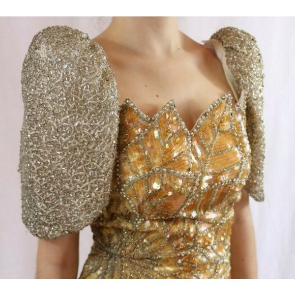 Vintage 80's Beaded Evening Gown Dress Gold/Silver Asymmetrical Sequin NWOT - Picture 10 of 12